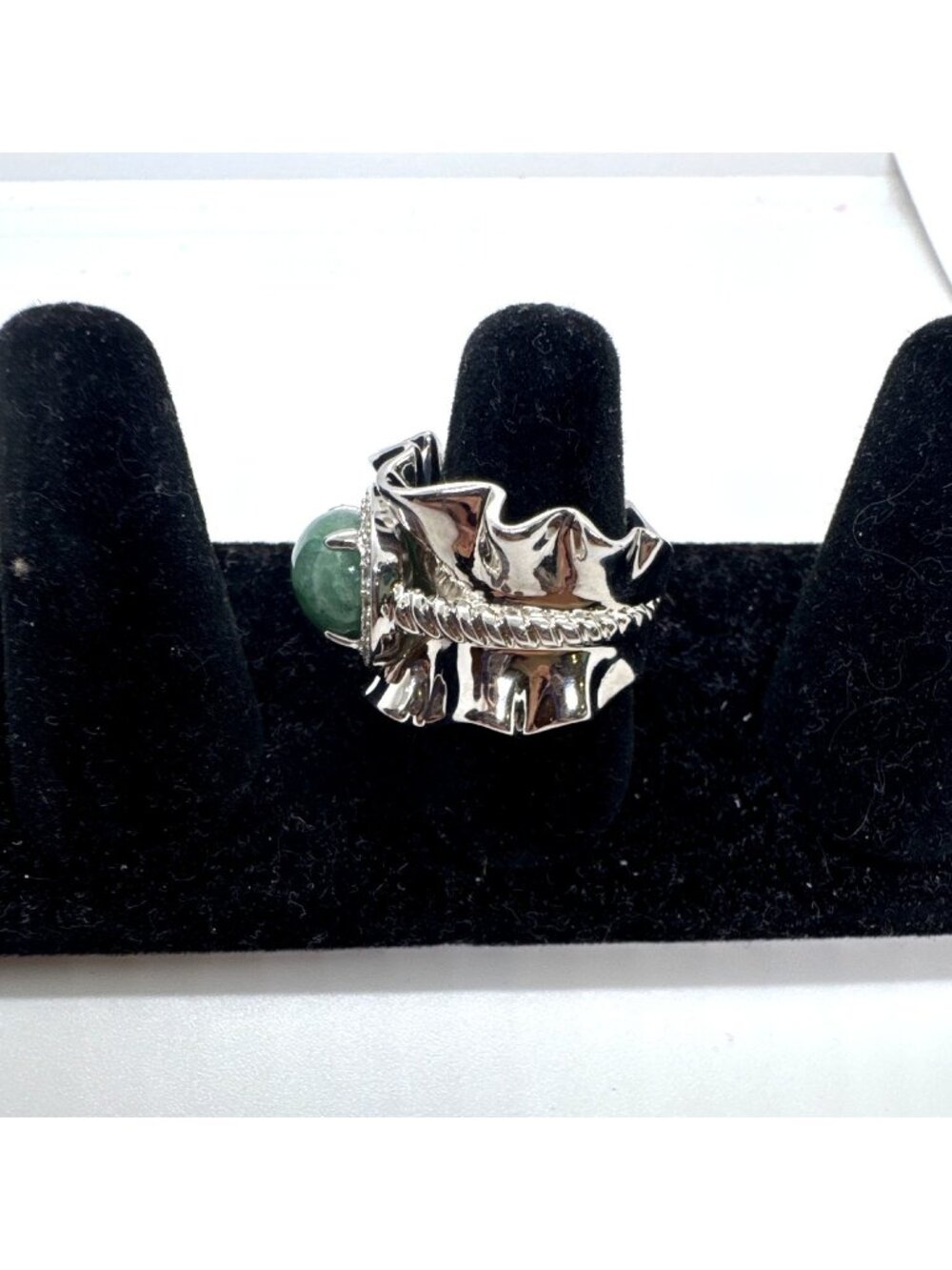 Michelle Albala Jadeite Ring 925 Sterling Silver White Topaz Wide Ruffle Size 8 - Picture 2 of 9